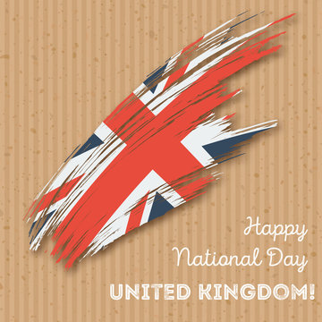 United Kingdom Independence Day Patriotic Design. Expressive Brush Stroke in National Flag Colors on kraft paper background. Happy Independence Day United Kingdom Vector Greeting Card.