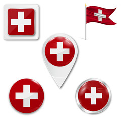 Set of icons of the national flag of Switzerland in different designs on a white background. Realistic vector illustration. Button, pointer and checkbox.