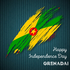 Grenada Independence Day Patriotic Design. Expressive Brush Stroke in National Flag Colors on dark striped background. Happy Independence Day Grenada Vector Greeting Card.