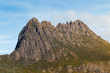 Dolerite of cradle mountain. Rugged mountain peaks of Weindorfers Tower and Cradle Mountain summit, Tasmania, Australia.