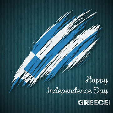 Greece Independence Day Patriotic Design. Expressive Brush Stroke in National Flag Colors on dark striped background. Happy Independence Day Greece Vector Greeting Card.