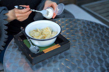 Pelmeni or meat dumplings