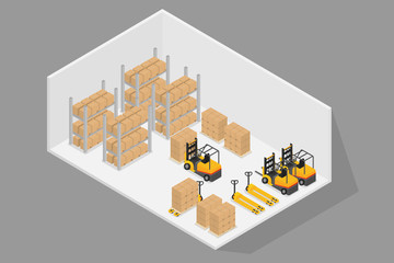 Logistics.3D Isometric inside warehouse with forklift and hand lift.Stacking on the shelf