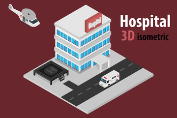 3D isometric hospital with helicopter and ambulance.vector and illustration