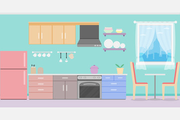 interior kitchen room design with kitchenware.vector and illustration