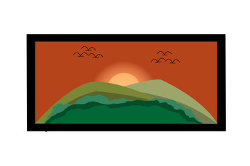 red mountain hill landscape with tree and star on the green sky background.vector and illustration