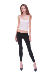 Very thin Young woman staying on white bacground