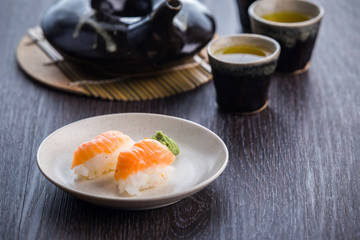 tea set and sushi