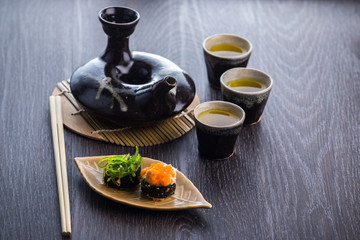 tea set and sushi