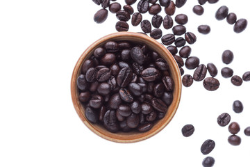coffee beans in ceramic cup isolated in white background