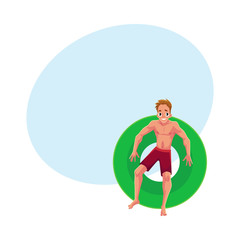 Young Caucasian man on floating inflatable ring resting in star position, top view cartoon vector illustration with space for text. Young man swimming on inflatable ring, pool party