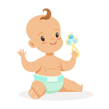 Sweet little baby sitting and playing with rattle, colorful cartoon character vector Illustration