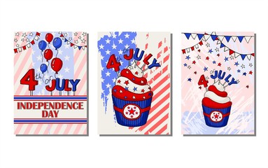 Set of vector illustrations for the fourth of July. Postcards in honor of the US Independence Day
