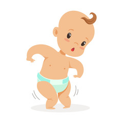 Obraz premium Sweet funny baby in a diaper trying to walk, colorful cartoon character vector Illustration