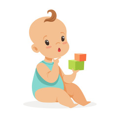 Sweet little baby sitting and playing with cubes, colorful cartoon character vector Illustration