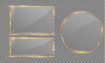 Vector glass modern banner set with shiny golden metallic frame on transparent background.