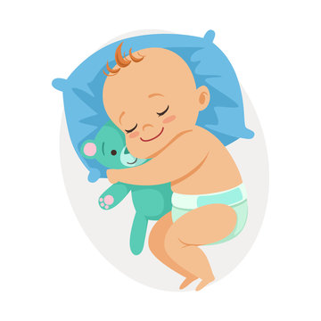 Sweet Little Baby Sleeping In His Bed And Hugging Teddy Bear, Colorful Cartoon Character Vector Illustration