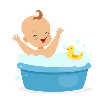 Happy Baby Taking A Bath Playing With Foam Bubbles And Yellow Duck, Colorful Cartoon Character Vector Illustration