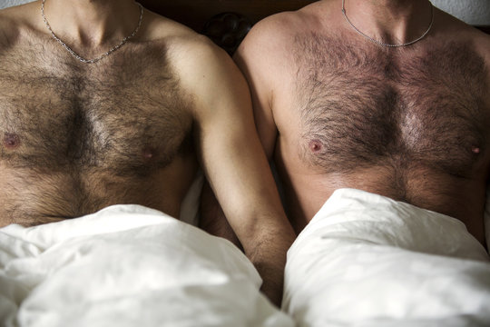 two naked men with hairy chest in bed