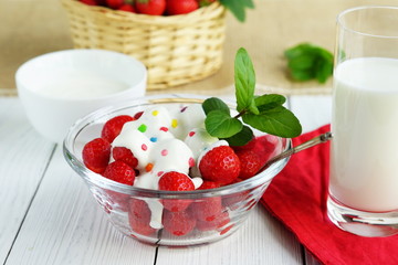 Breakfast for health sandwiches from rice vegan waffle with Greek yogurt, fresh strawberries and glas of milk on a white wooden table background