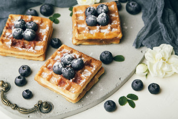 Belgian waffles with fresh berries and mint