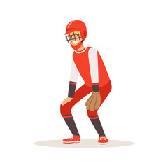 Baseball player in a red uniform trying to catch ball vector Illustration