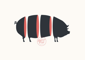 Butcher sign. Cuts of pork. Illustration for meat related theme.