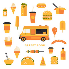 Set of flat Icons to the food theme: food truck, ice cream, soda glass, chinese food, burger, sandwich, hot dog, pizza, kebab. Vector illustration.