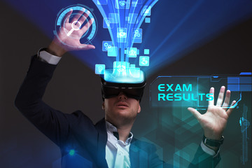 Business, Technology, Internet and network concept. Young businessman working in virtual reality glasses sees the inscription: Exam results