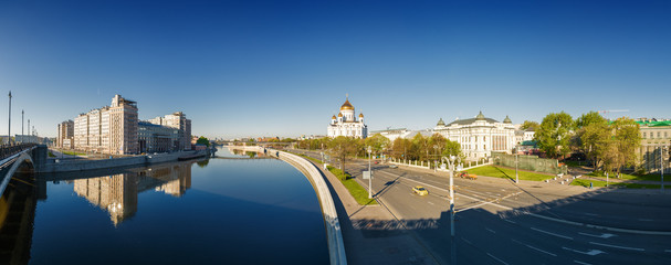 Morning panoramic view of Moscow Cathedral of Christ the Savior, Moskva river and embankment from...