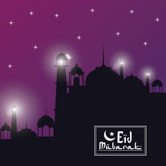 purple color starry background black silhouette Eid Mubarak with mosque and hand drawn calligraphy logo vector illustration