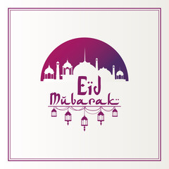 purple frame with circular background Eid Mubarak hand drawn calligraphy lettering with arabic lamps vector illustration