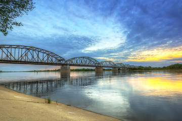 Sunset over Vistula river in Grudziadz bridge, Poland
