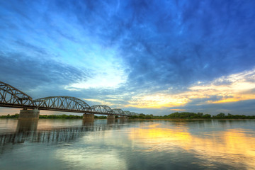 Sunset over Vistula river in Grudziadz bridge, Poland
