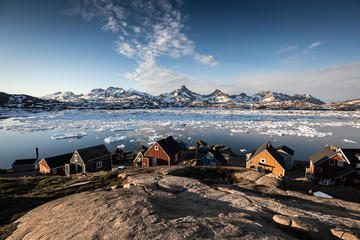 Greenland village near iceberg fjord - obrazy, fototapety, plakaty