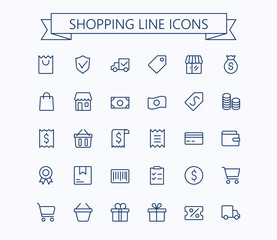 Shopping and E-commerce vector mini icons set. Thin line outline 24x24 Grid.Pixel Perfect