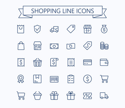 Shopping and E-commerce vector mini icons set. Thin line outline 24x24 Grid.Pixel Perfect