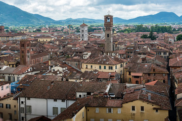 View over Italian town Lucca with typical terracotta roofs