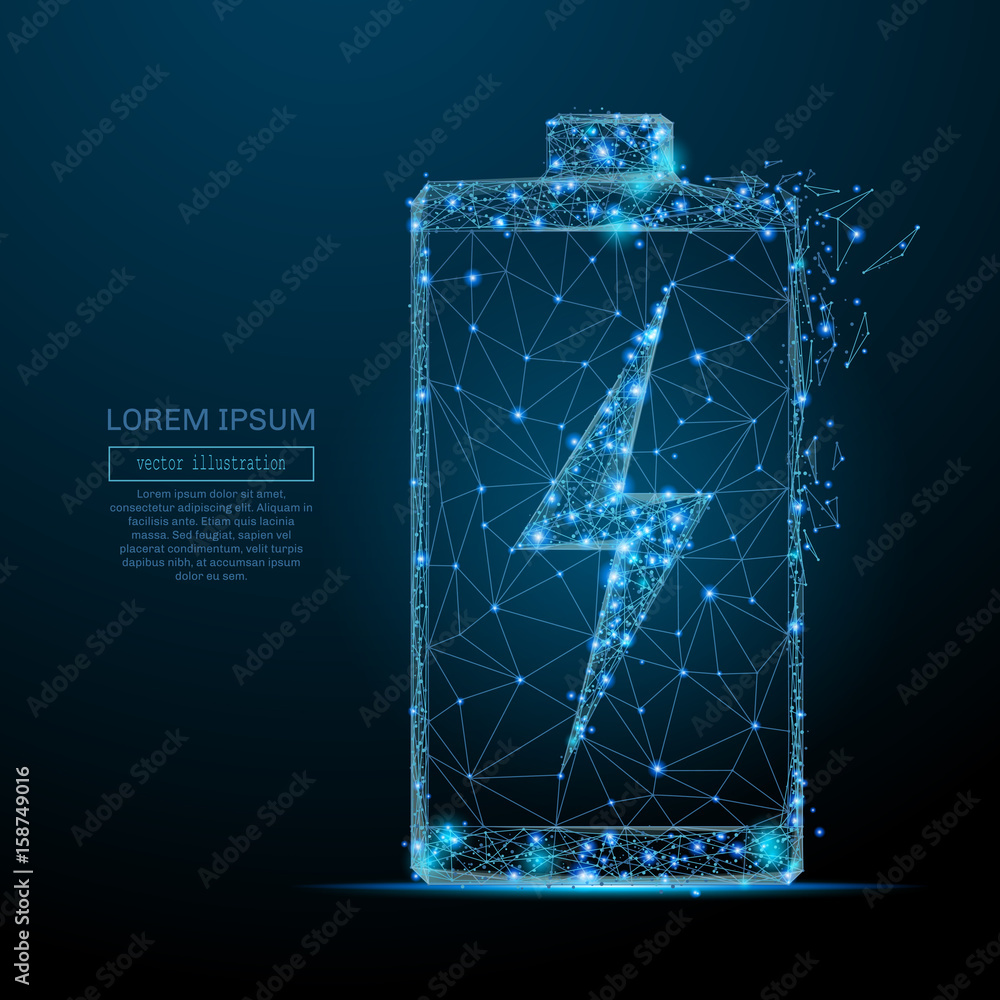 Poster Polygonal battery. Vector mesh spheres from flying debris. Thin line concept. Blue structure style illustration