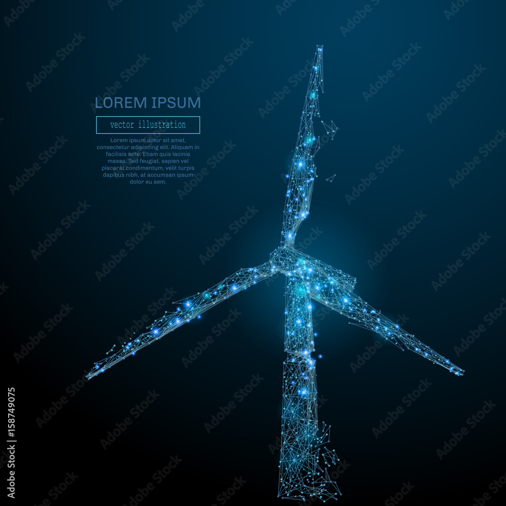Aufkleber Polygonal windmill. Vector mesh spheres from flying debris. Thin line concept. Blue structure style illustration