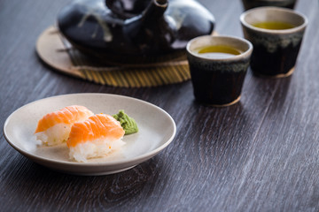 tea set and sushi