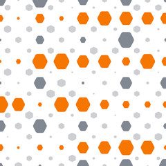 Abstract geometric white background with orange and gray hexagons of different size.