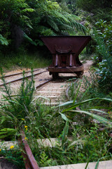 Fototapeta na wymiar abandoned rusty minecart in the forest