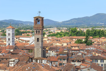 Fototapeta premium Panoramic view from Guinigi tower (Torre Guinigi) towards Torre delle Ore (Clock Tower) in Lucca