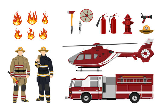 Firefighters and fire fighting equipment on a white background. Helicopter and fireman's car. Icons of flame and items