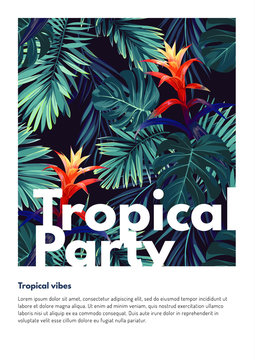 Floral vertical party flyer design with guzmania flowers, monstera and royal palm leaves. Exotic hawaiian vector background.