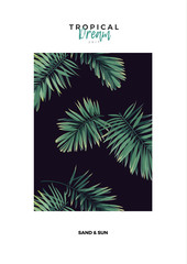 Dark vector tropical typography postcard design with green jungle palm leaves. Space for text.
