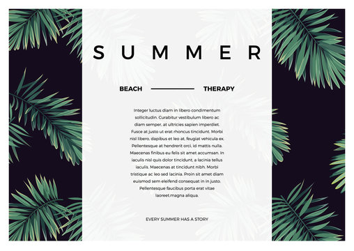 Dark vector tropical typography design with green jungle palm leaves. Space for text.