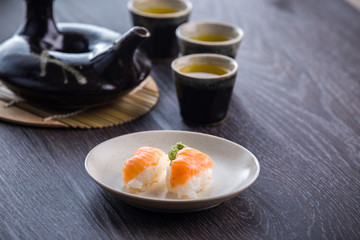 tea set and sushi