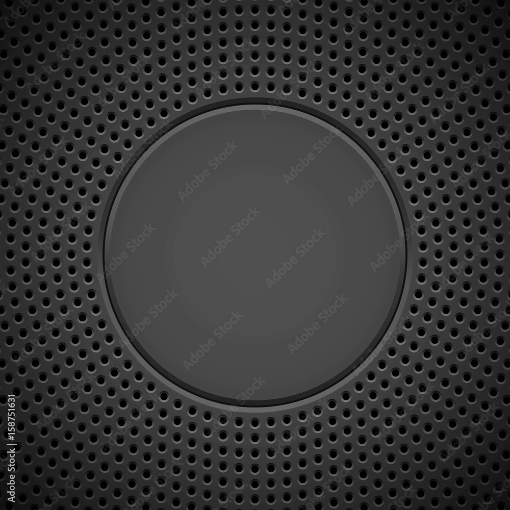 Poster black abstract technology background with seamless circle perforated pattern, speaker grill texture 
